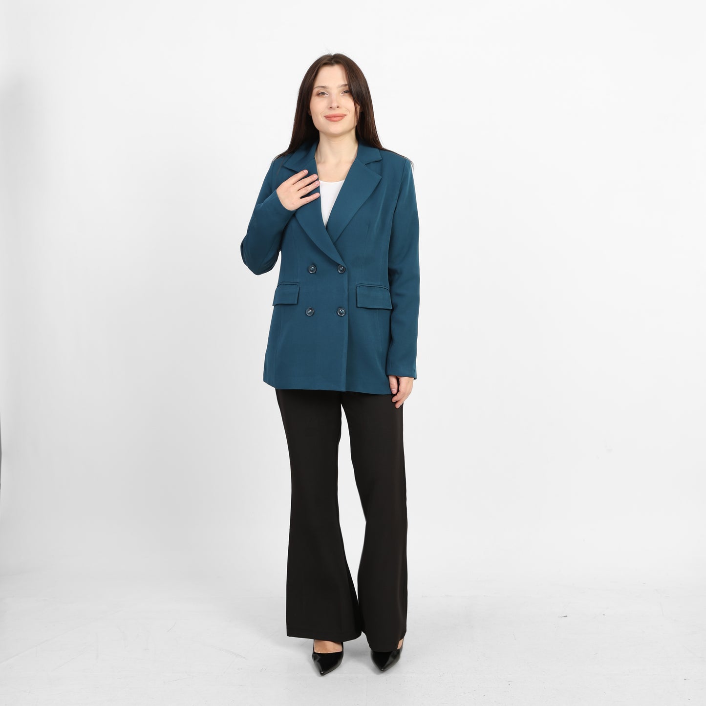 La Reine Teal Double-Breasted Blazer with Contrast Buttons