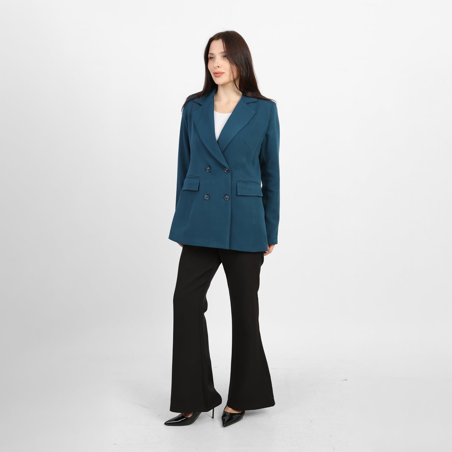 La Reine Teal Double-Breasted Blazer with Contrast Buttons