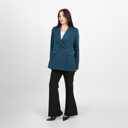 La Reine Teal Double-Breasted Blazer with Contrast Buttons