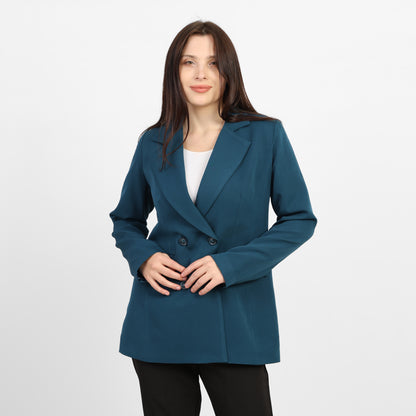 La Reine Teal Double-Breasted Blazer with Contrast Buttons