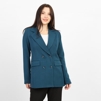 La Reine Teal Double-Breasted Blazer with Contrast Buttons