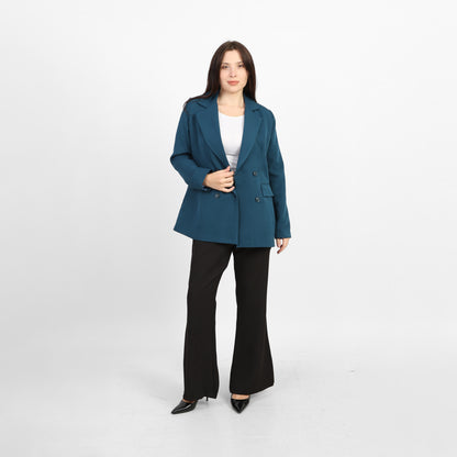La Reine Teal Double-Breasted Blazer with Contrast Buttons