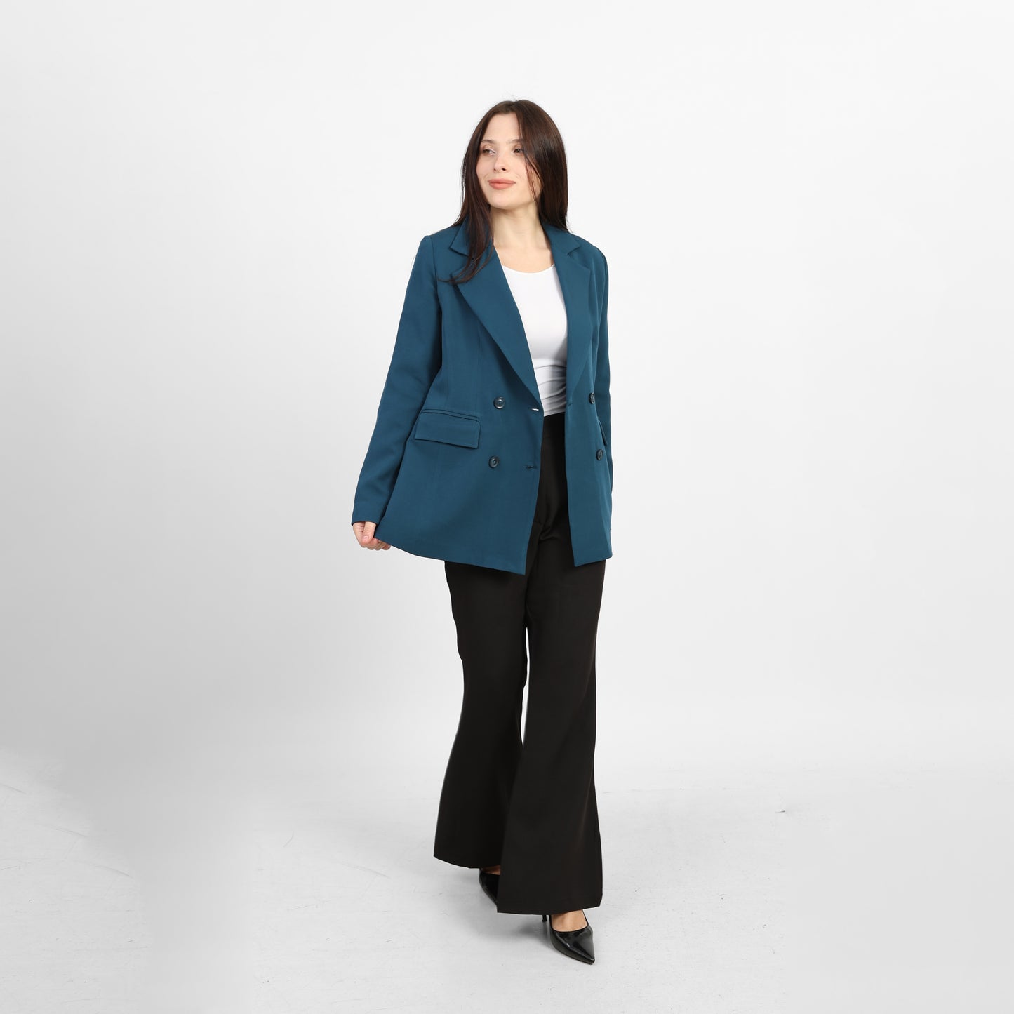 La Reine Teal Double-Breasted Blazer with Contrast Buttons