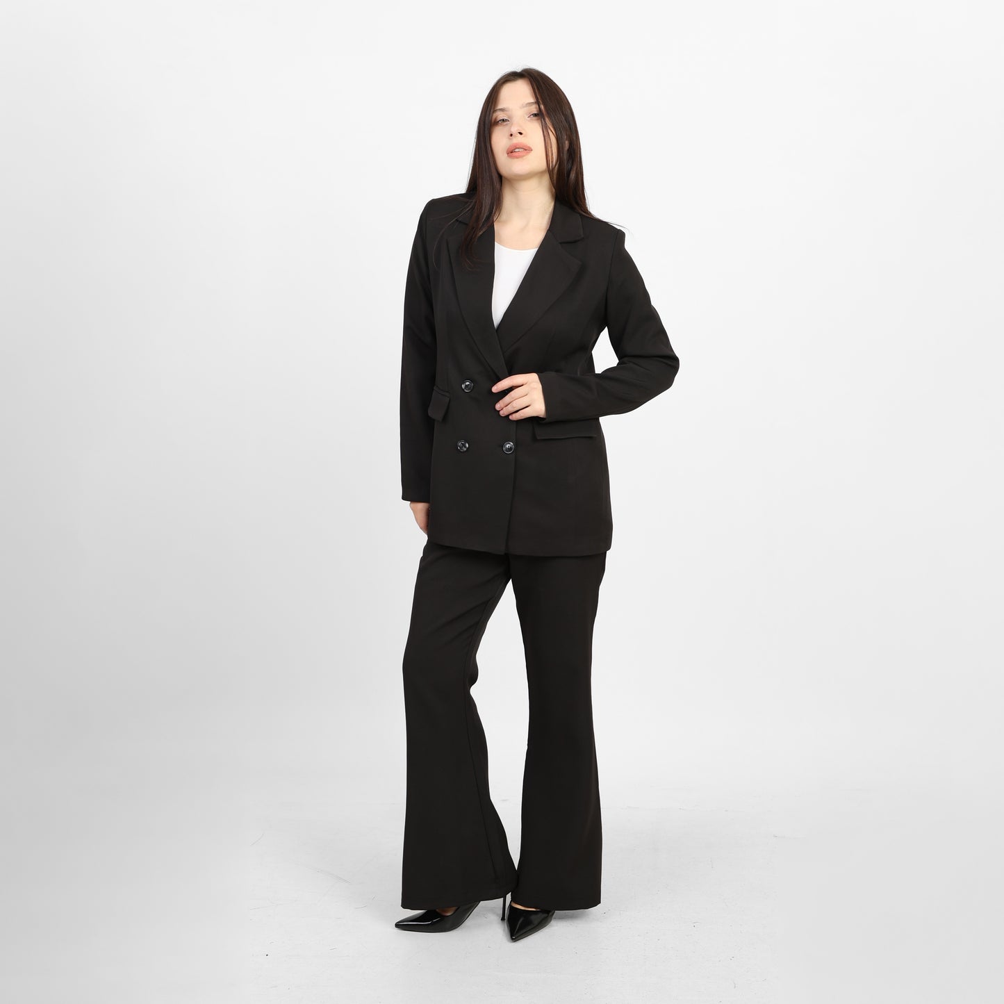La Reine Black Double-Breasted Blazer with Contrast Buttons