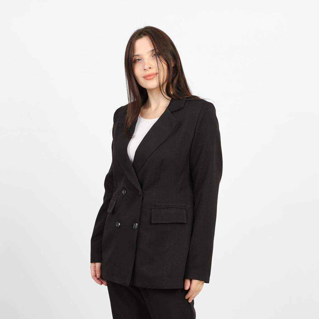 La Reine Black Double-Breasted Blazer with Contrast Buttons