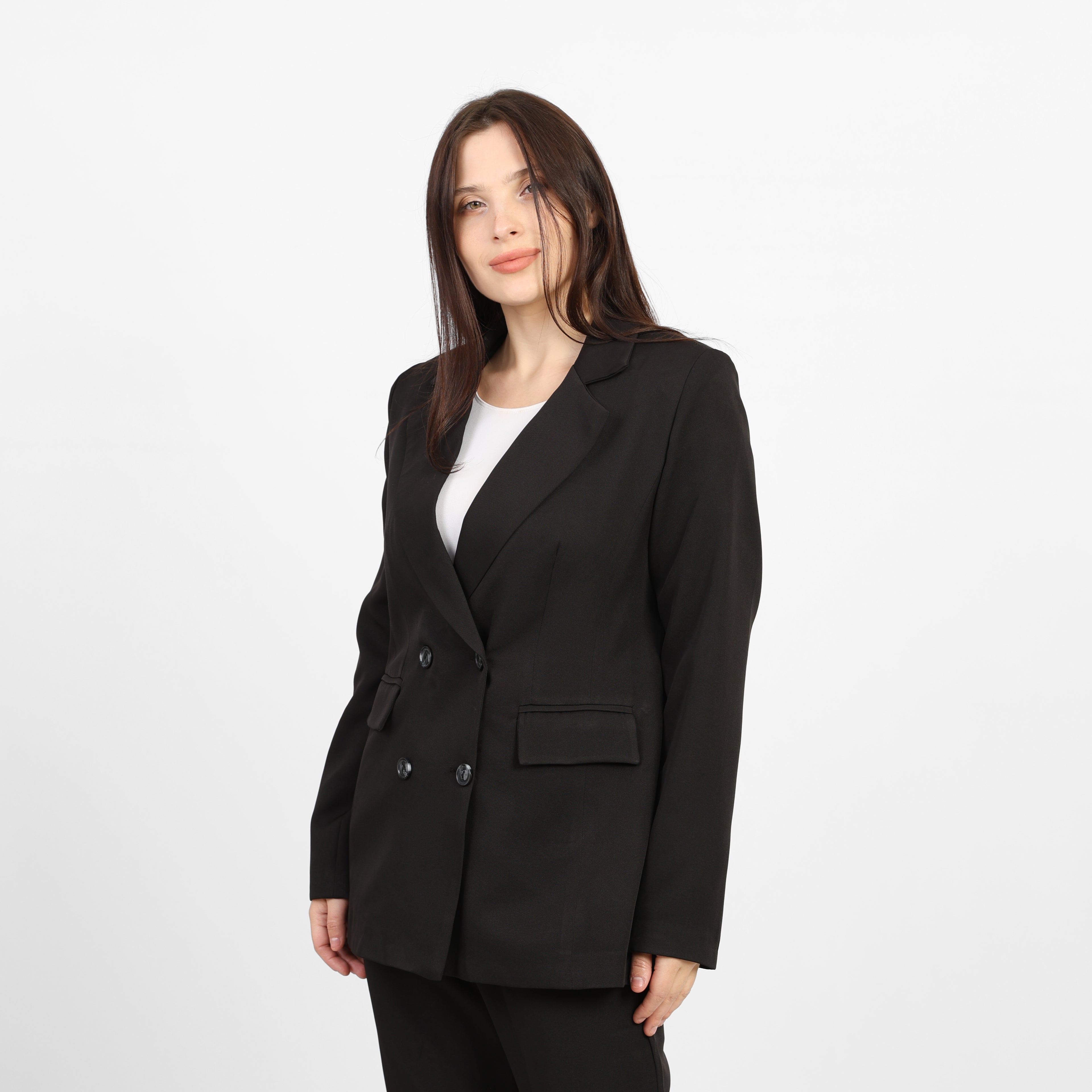 La Reine Black Double-Breasted Blazer with Contrast Buttons