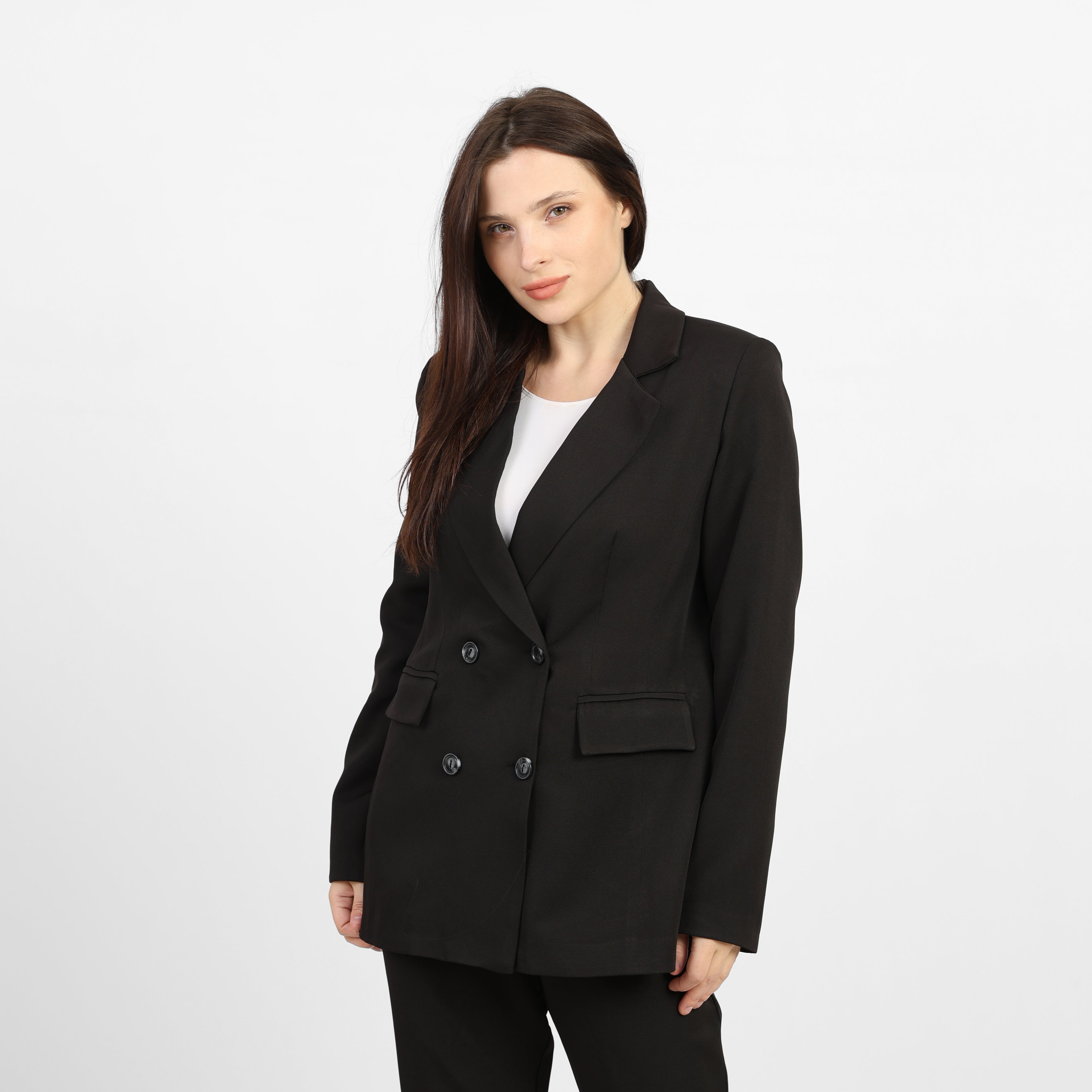 La Reine Black Double-Breasted Blazer with Contrast Buttons