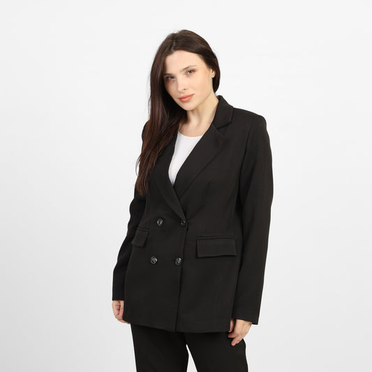 La Reine Black Double-Breasted Blazer with Contrast Buttons