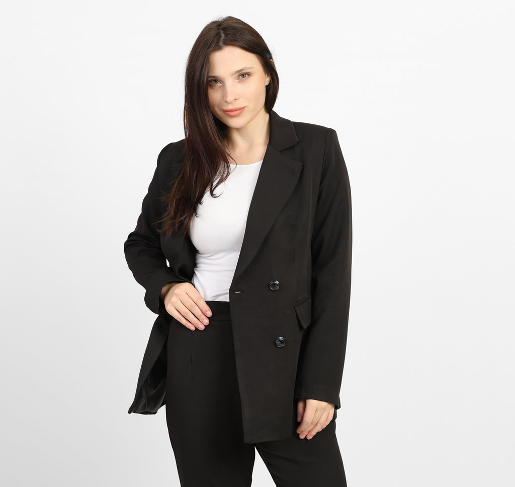 La Reine Black Double-Breasted Blazer with Contrast Buttons