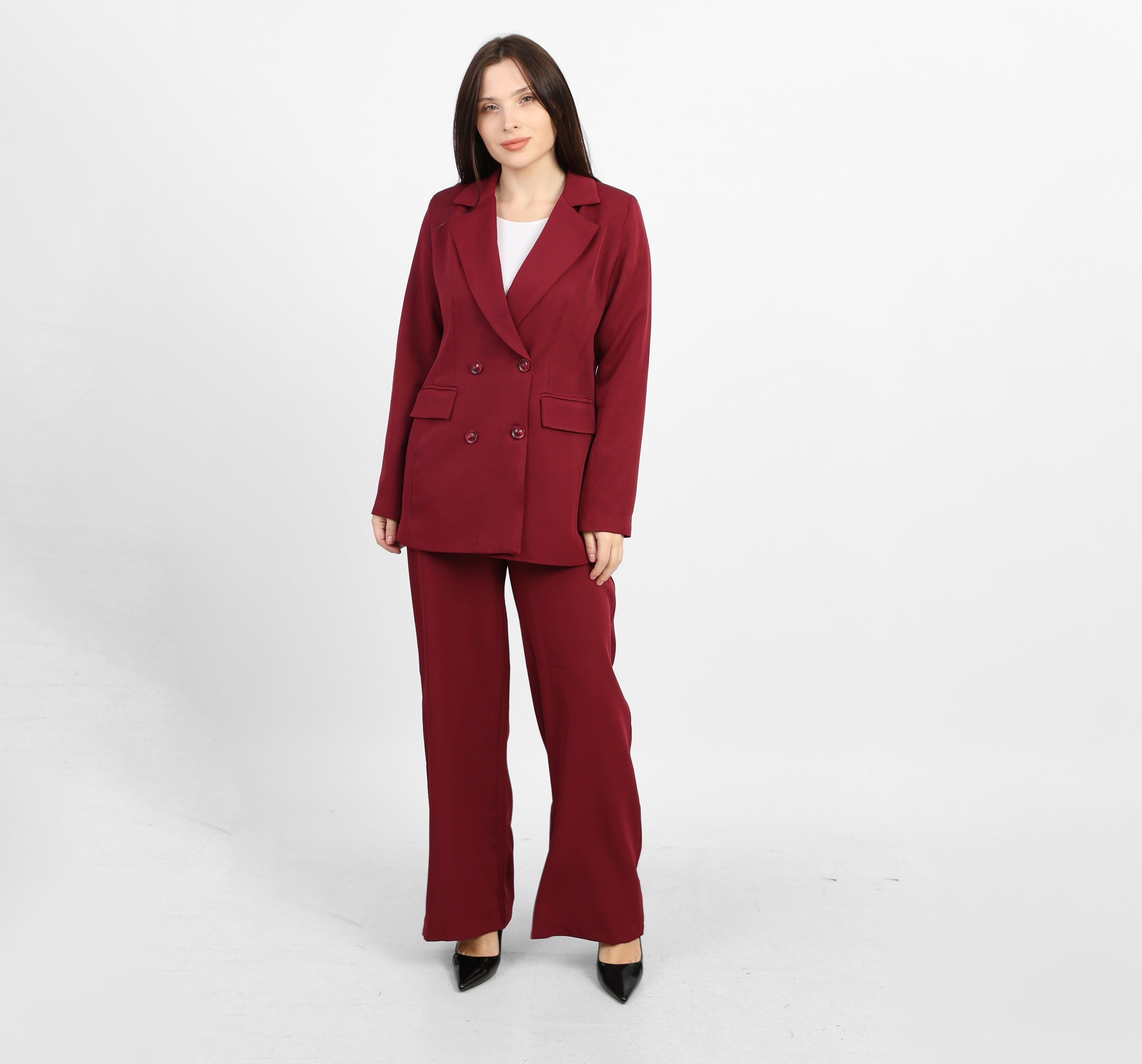 La Reine Burgundy Double-Breasted Blazer with Contrast Buttons