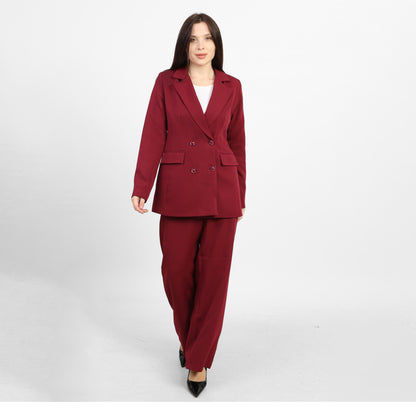 La Reine Burgundy Double-Breasted Blazer with Contrast Buttons
