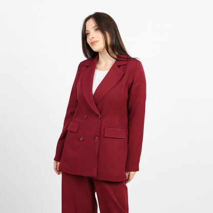 La Reine Burgundy Double-Breasted Blazer with Contrast Buttons