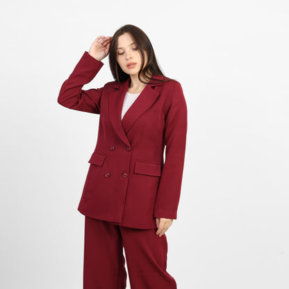 La Reine Burgundy Double-Breasted Blazer with Contrast Buttons