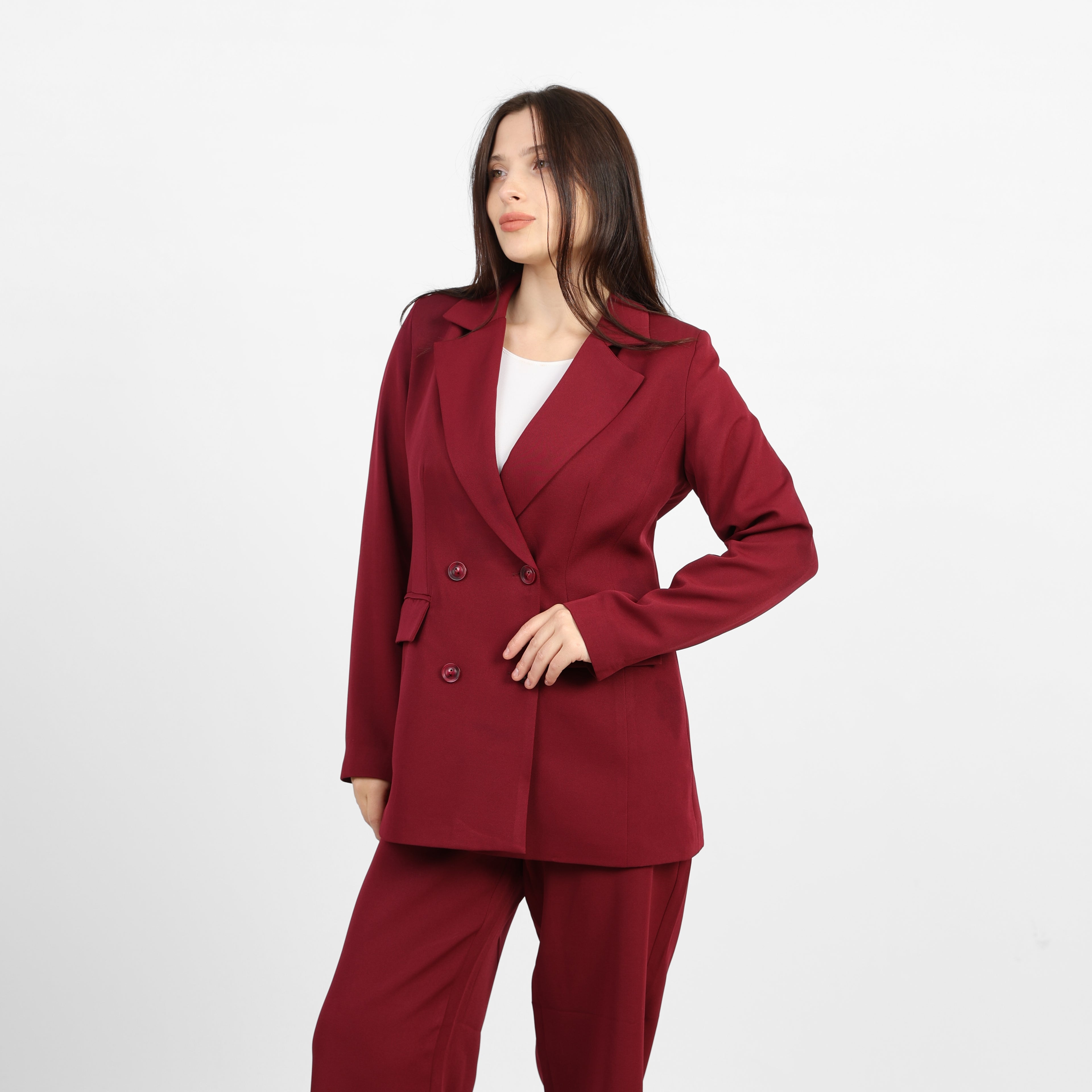 La Reine Burgundy Double-Breasted Blazer with Contrast Buttons