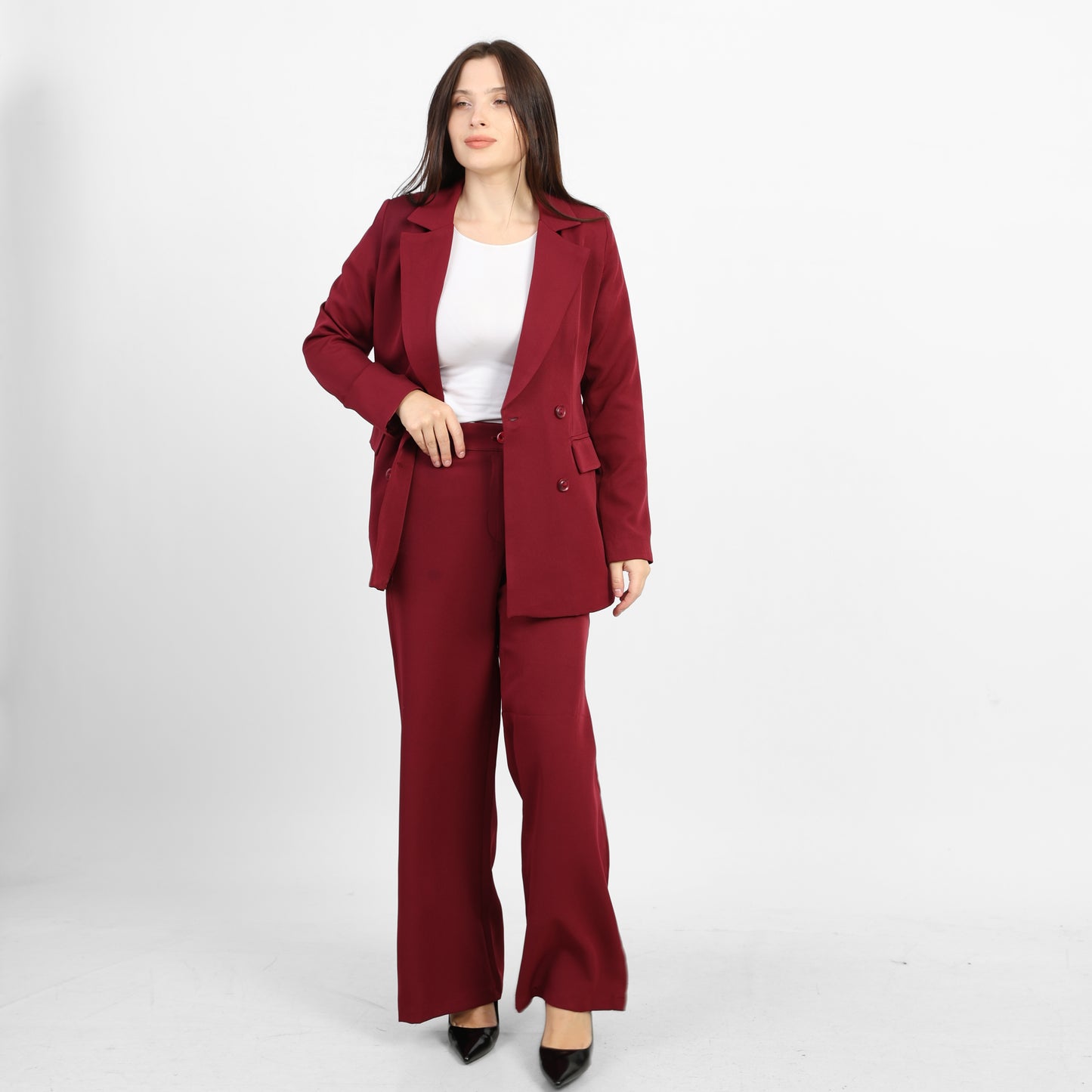 La Reine Burgundy Double-Breasted Blazer with Contrast Buttons