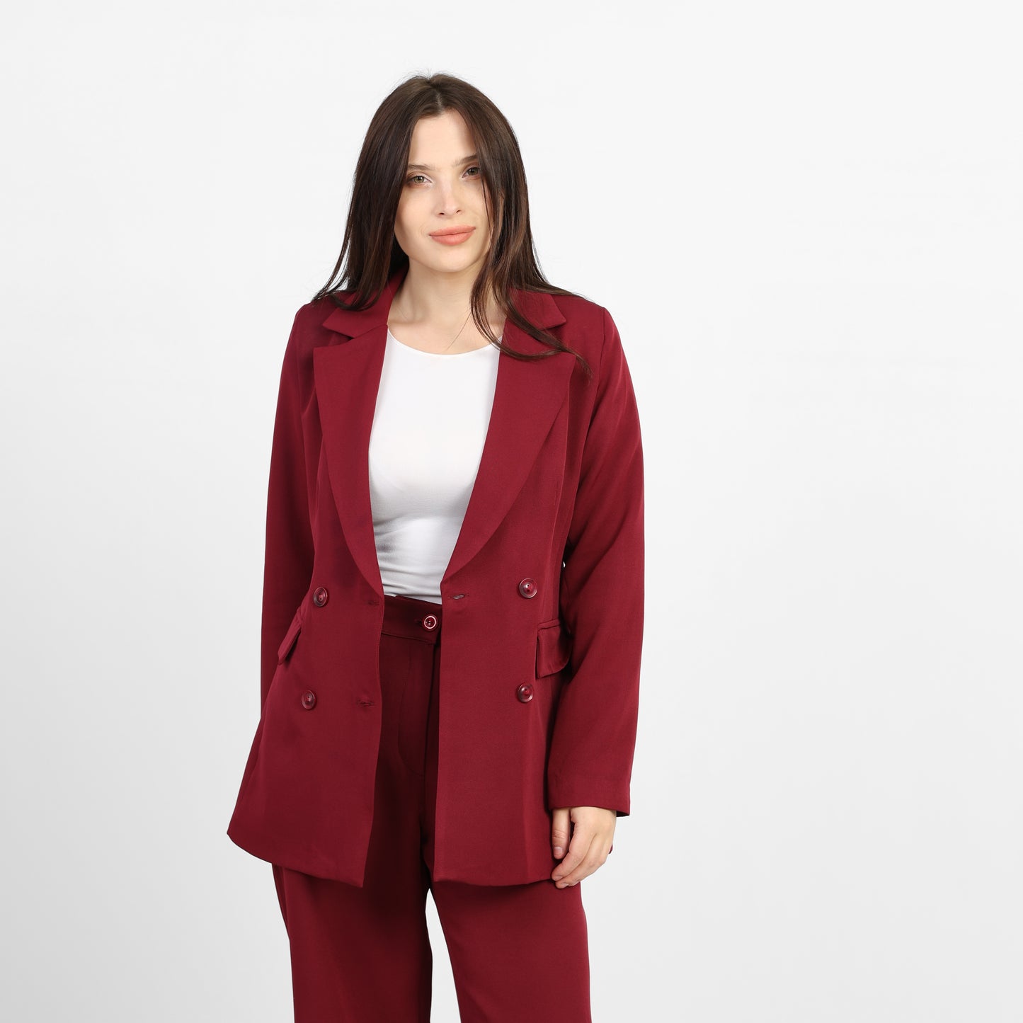 La Reine Burgundy Double-Breasted Blazer with Contrast Buttons