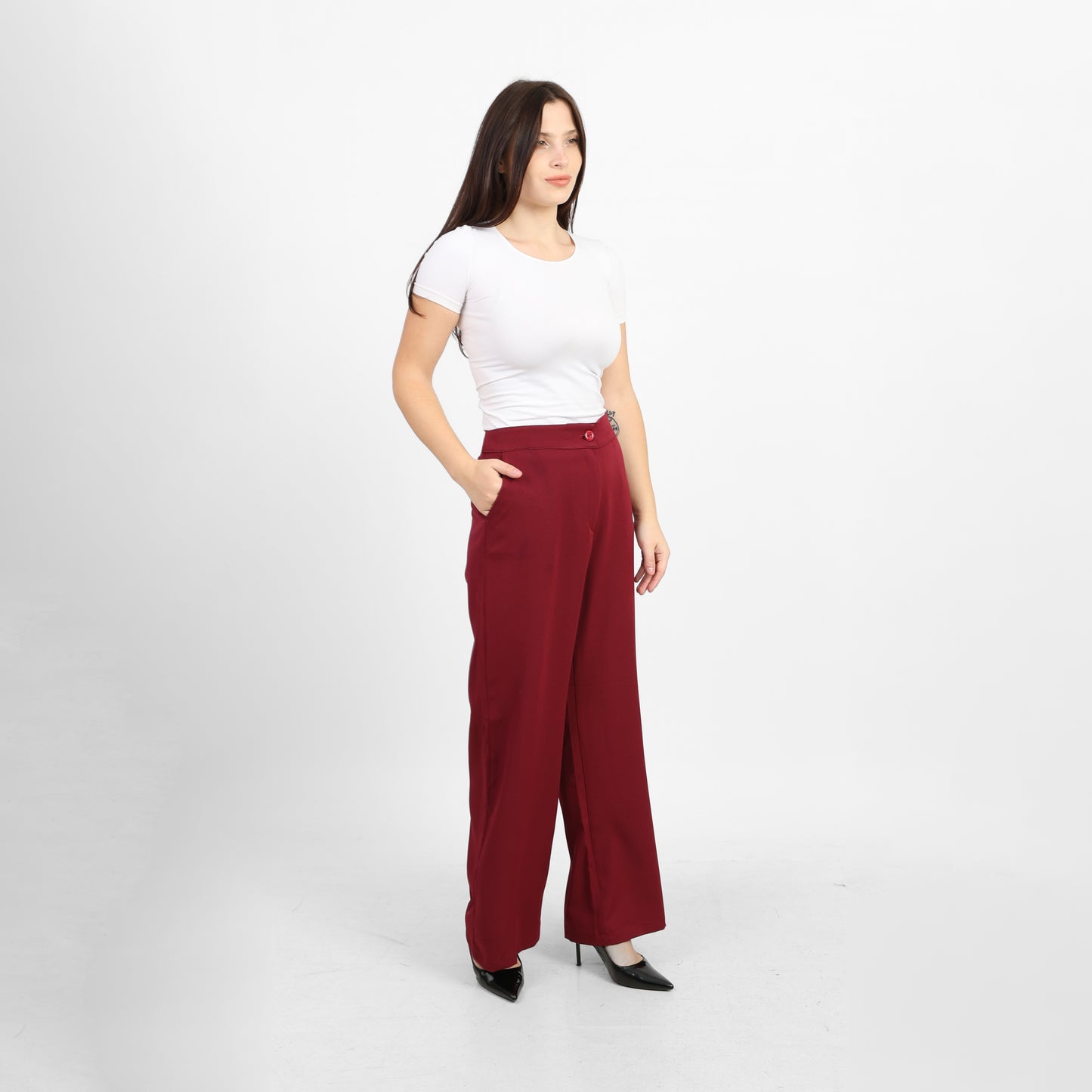 La Reine Burgundy Classic High Waist Wide-Leg Pants