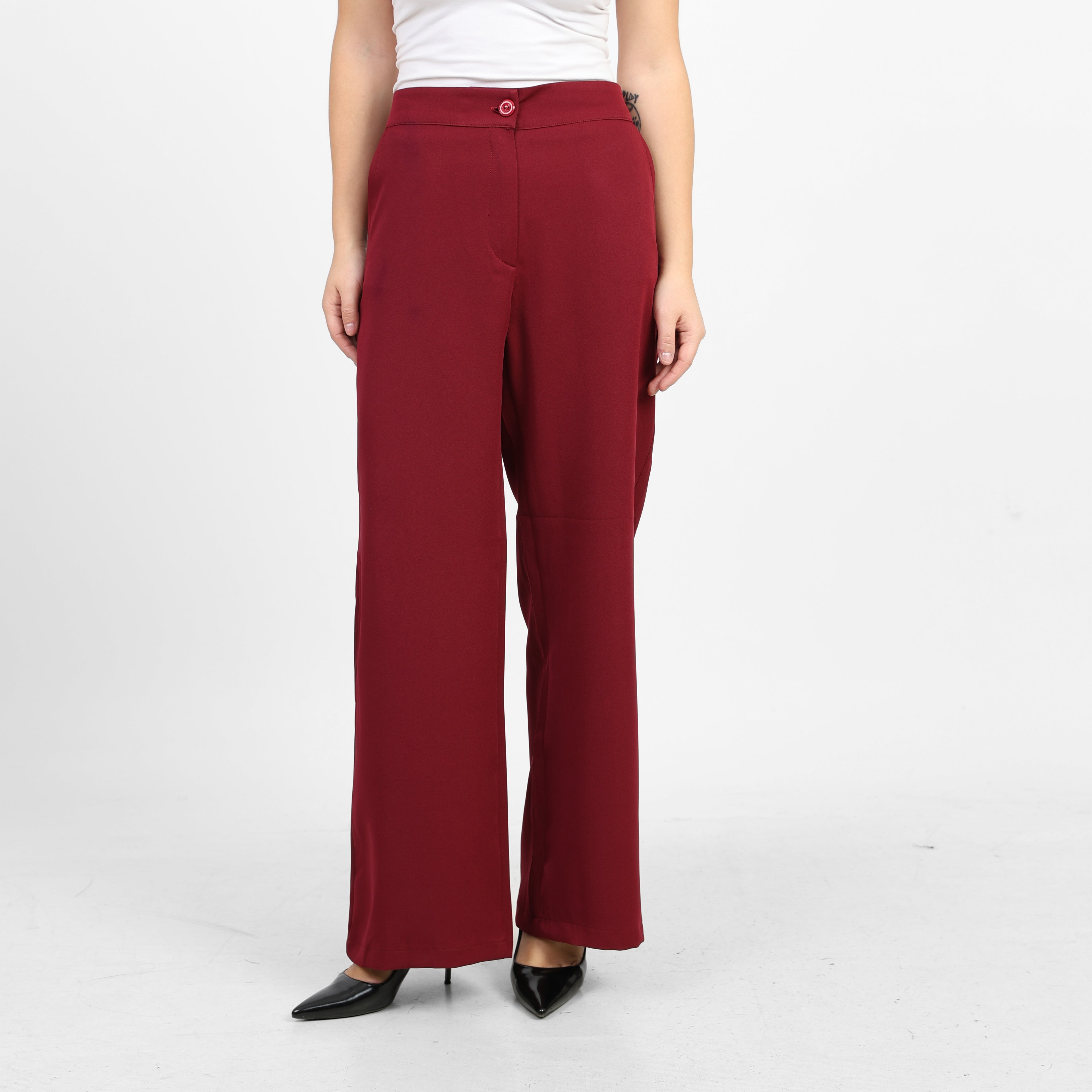 La Reine Burgundy Classic High Waist Wide-Leg Pants