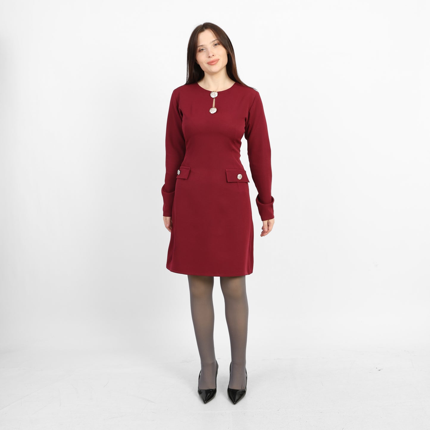 La Reine Burgundy Elegant Long-Sleeve Mini Dress with Brooches