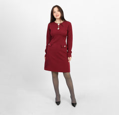 La Reine Burgundy Elegant Long-Sleeve Mini Dress with Brooches