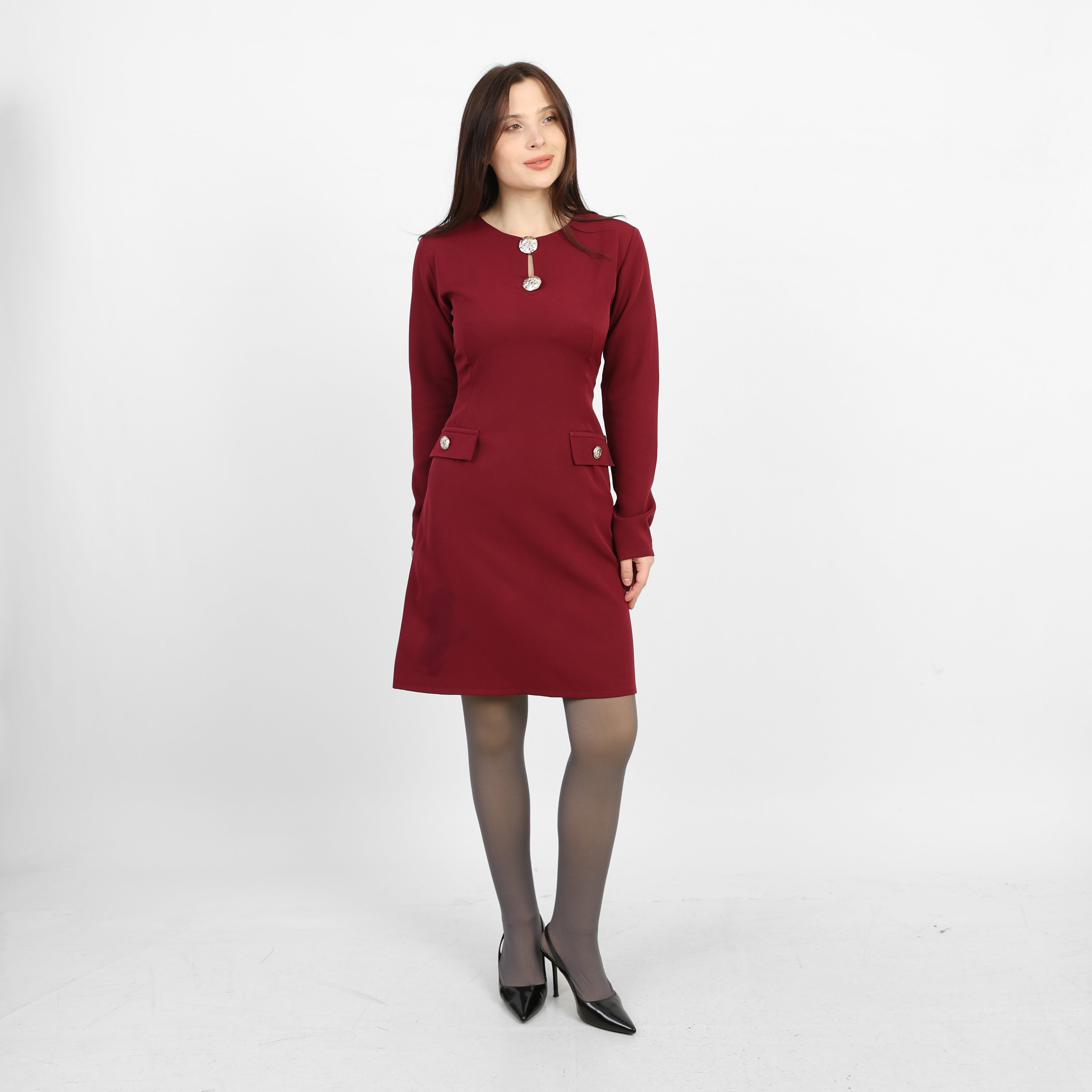 La Reine Burgundy Elegant Long-Sleeve Mini Dress with Brooches