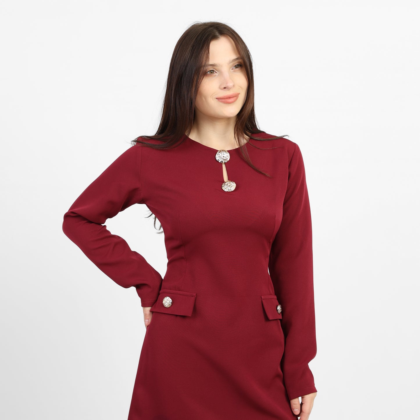 La Reine Burgundy Elegant Long-Sleeve Mini Dress with Brooches