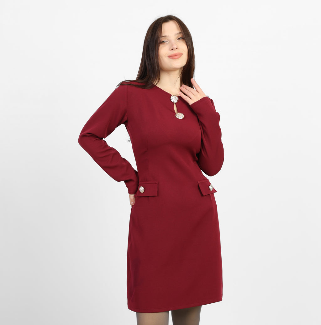 La Reine Burgundy Elegant Long-Sleeve Mini Dress with Brooches