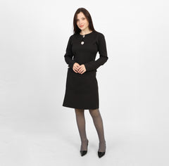 La Reine Black Elegant Long-Sleeve Mini Dress with Brooches