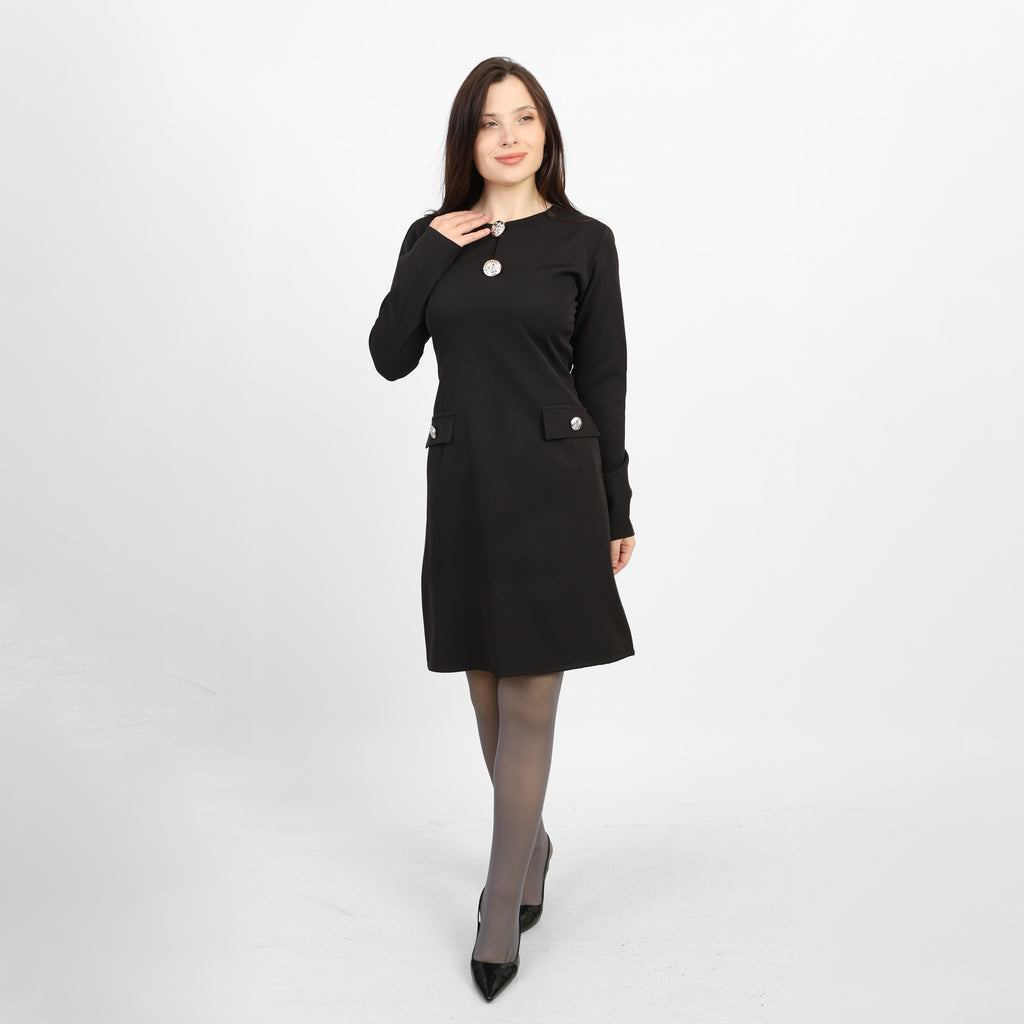 La Reine Black Elegant Long-Sleeve Mini Dress with Brooches