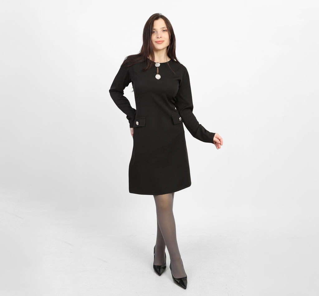 La Reine Black Elegant Long-Sleeve Mini Dress with Brooches