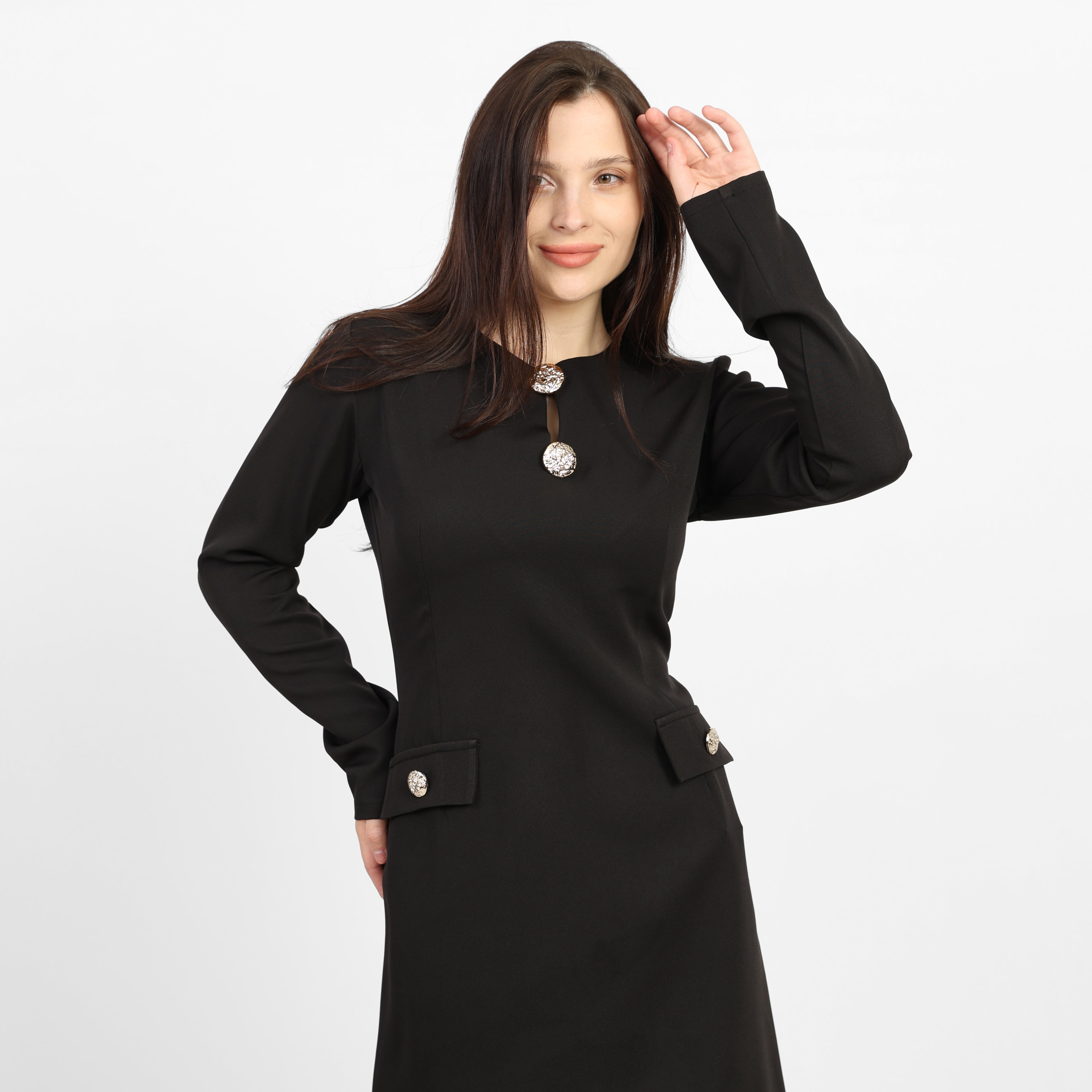 La Reine Black Elegant Long-Sleeve Mini Dress with Brooches