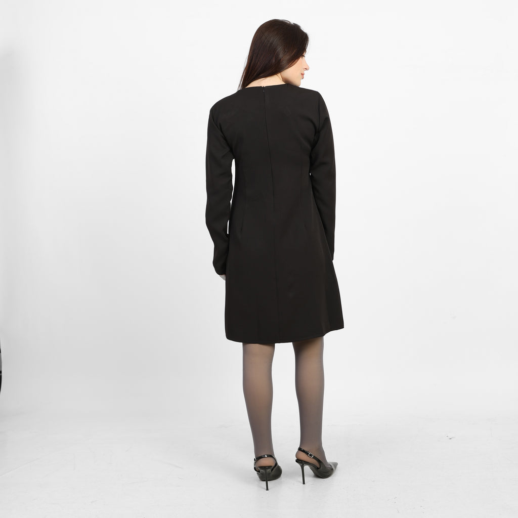 La Reine Black Elegant Long-Sleeve Mini Dress with Brooches