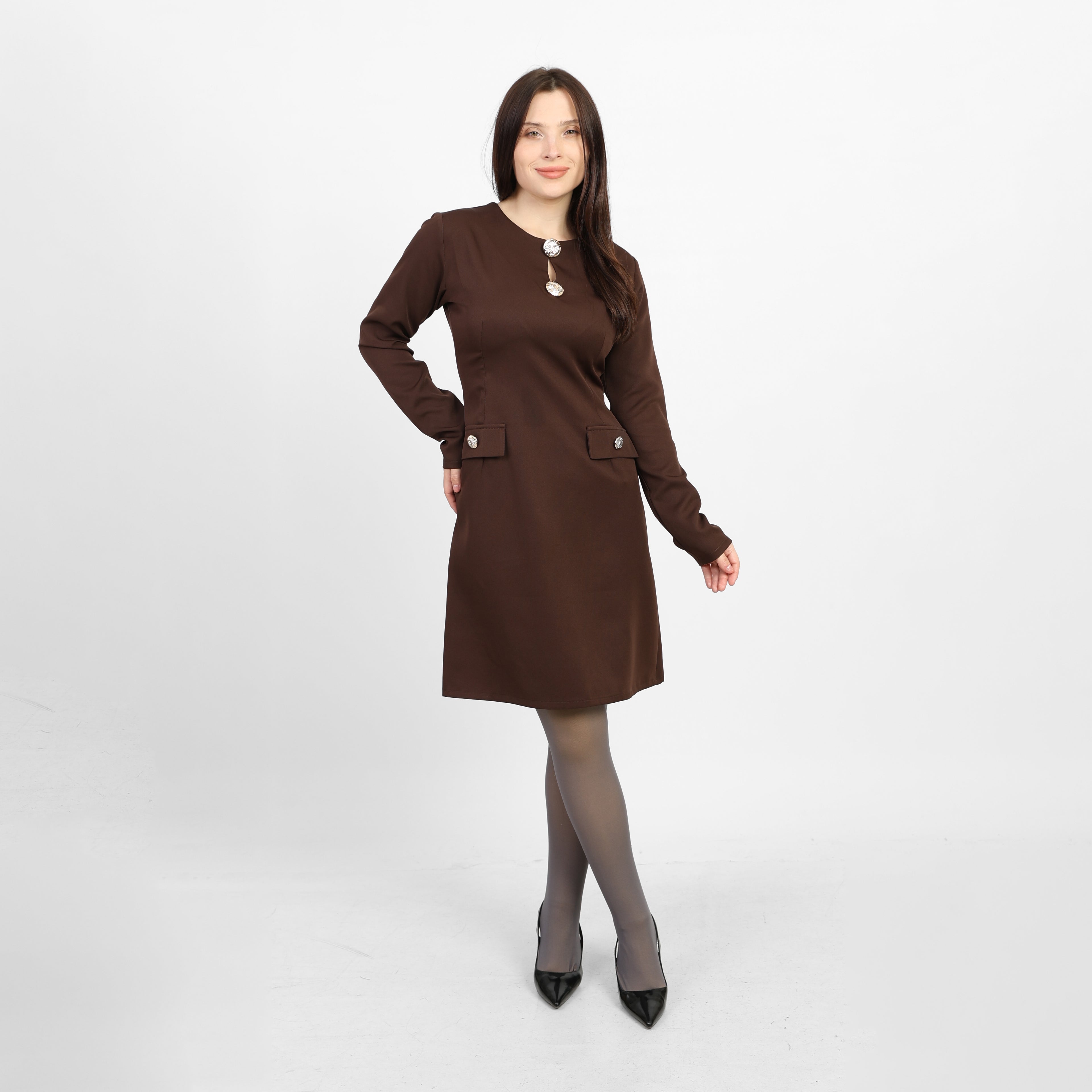 La Reine Brown Elegant Long-Sleeve Mini Dress with Brooches