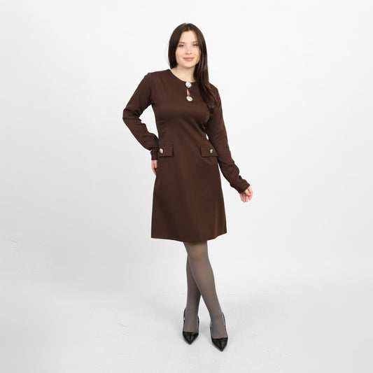 La Reine Brown Elegant Long-Sleeve Mini Dress with Brooches