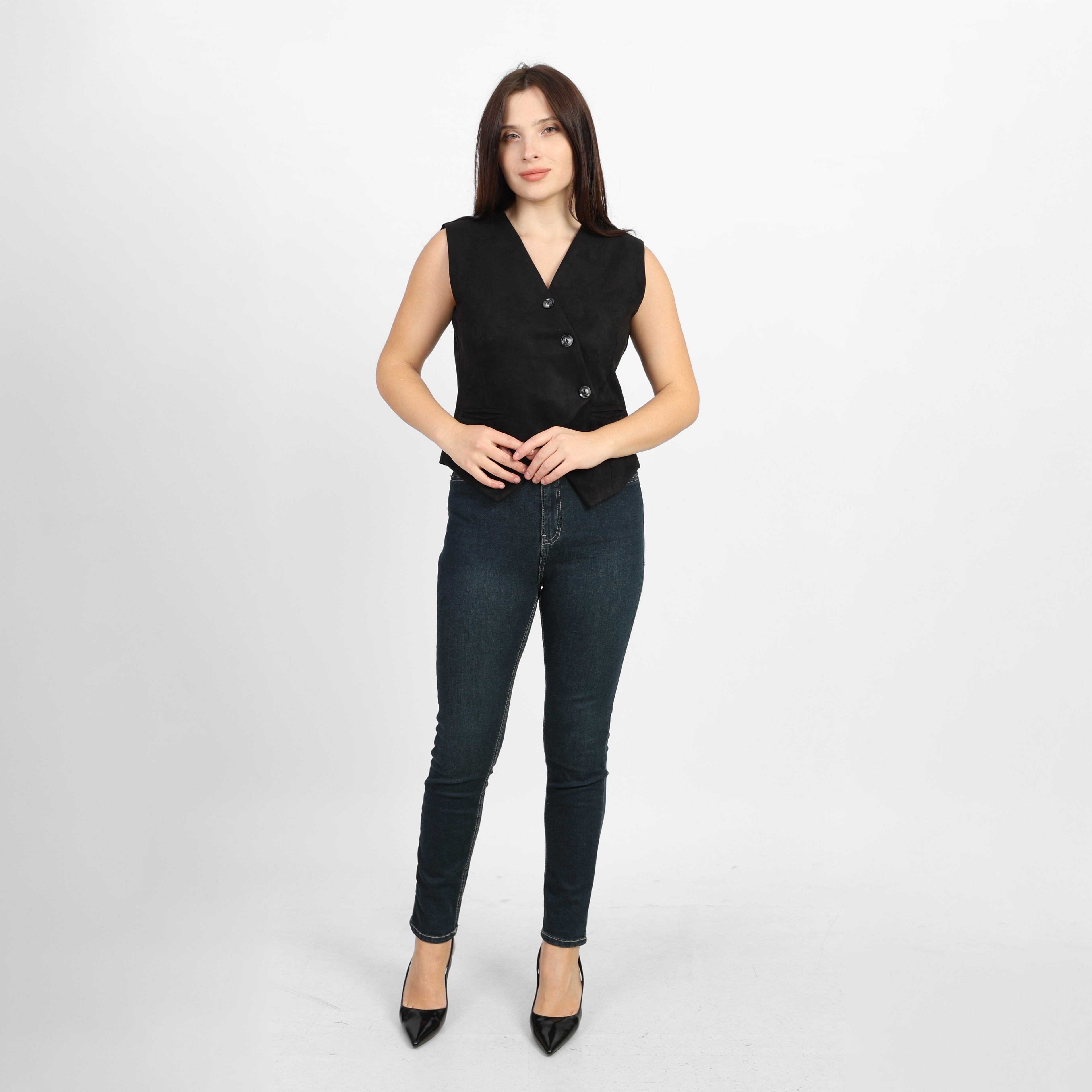 La Reine Black Suede Classic  V-Neck Vest