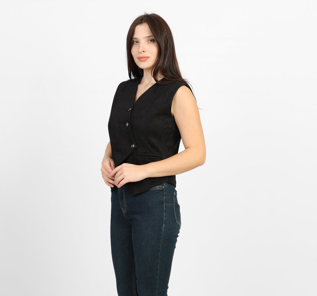 صدرية كلاسيكية من جلد الغزال الأسود من لا رين بياقة على شكل حرف V 