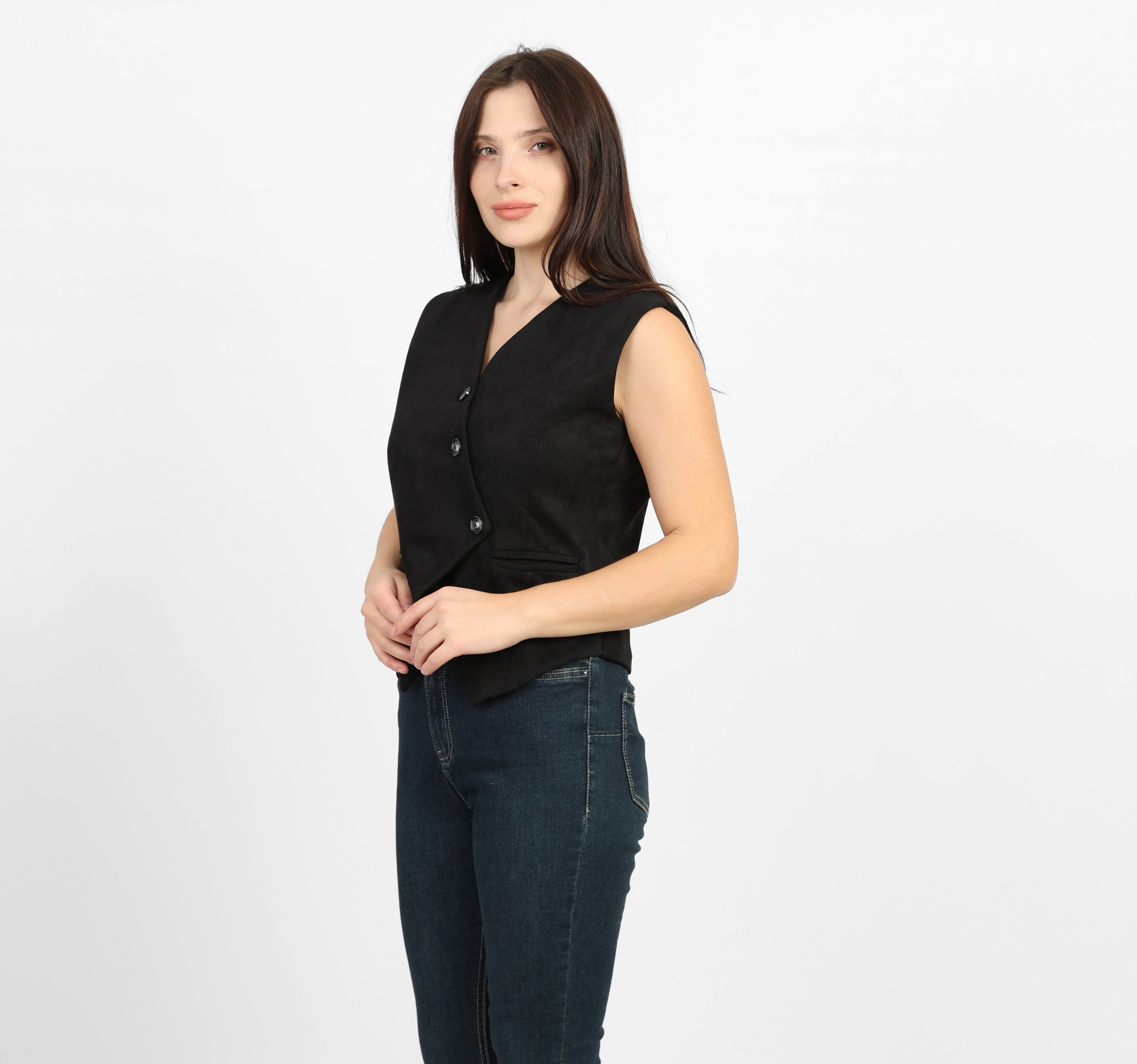 La Reine Black Suede Classic  V-Neck Vest