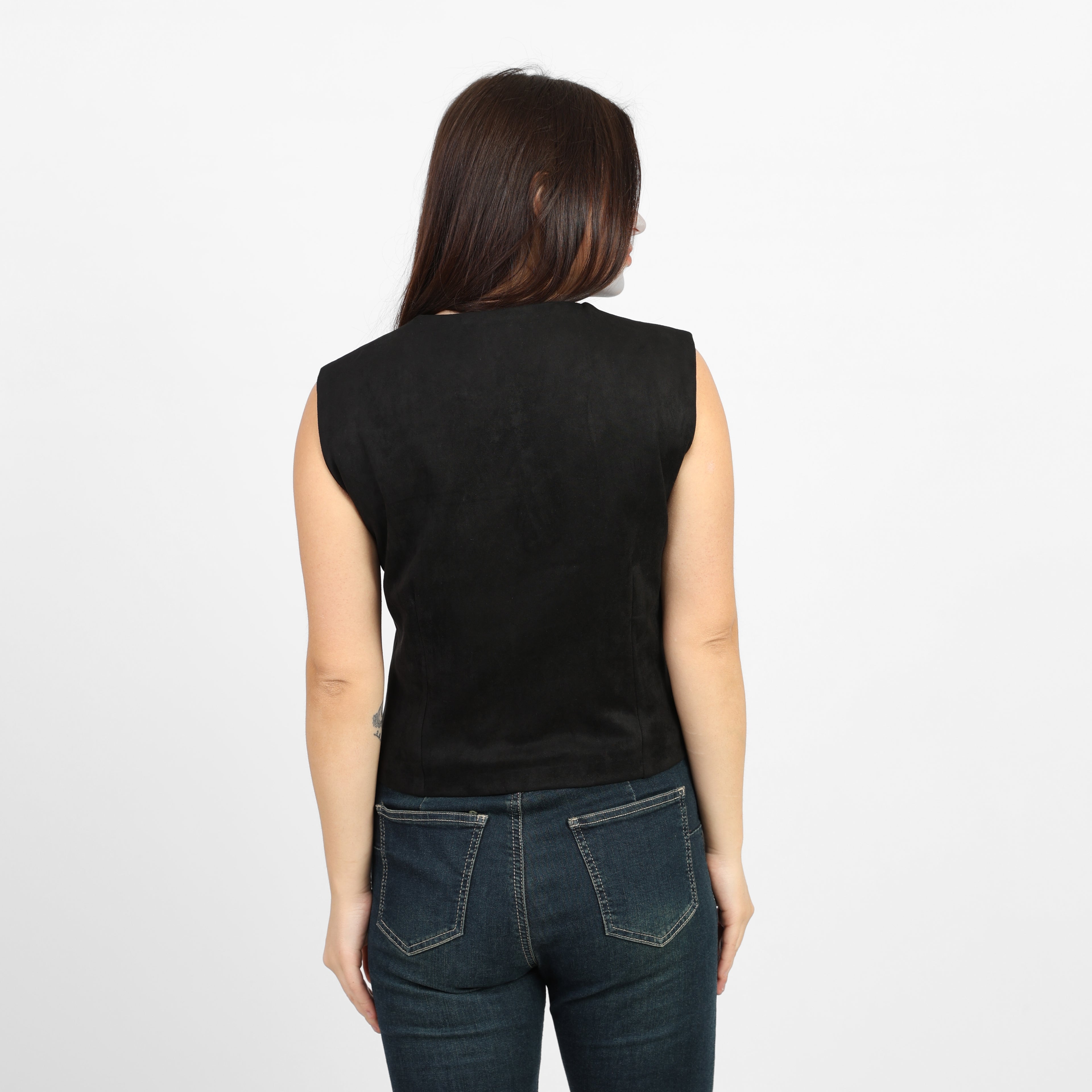 La Reine Black Suede Classic  V-Neck Vest