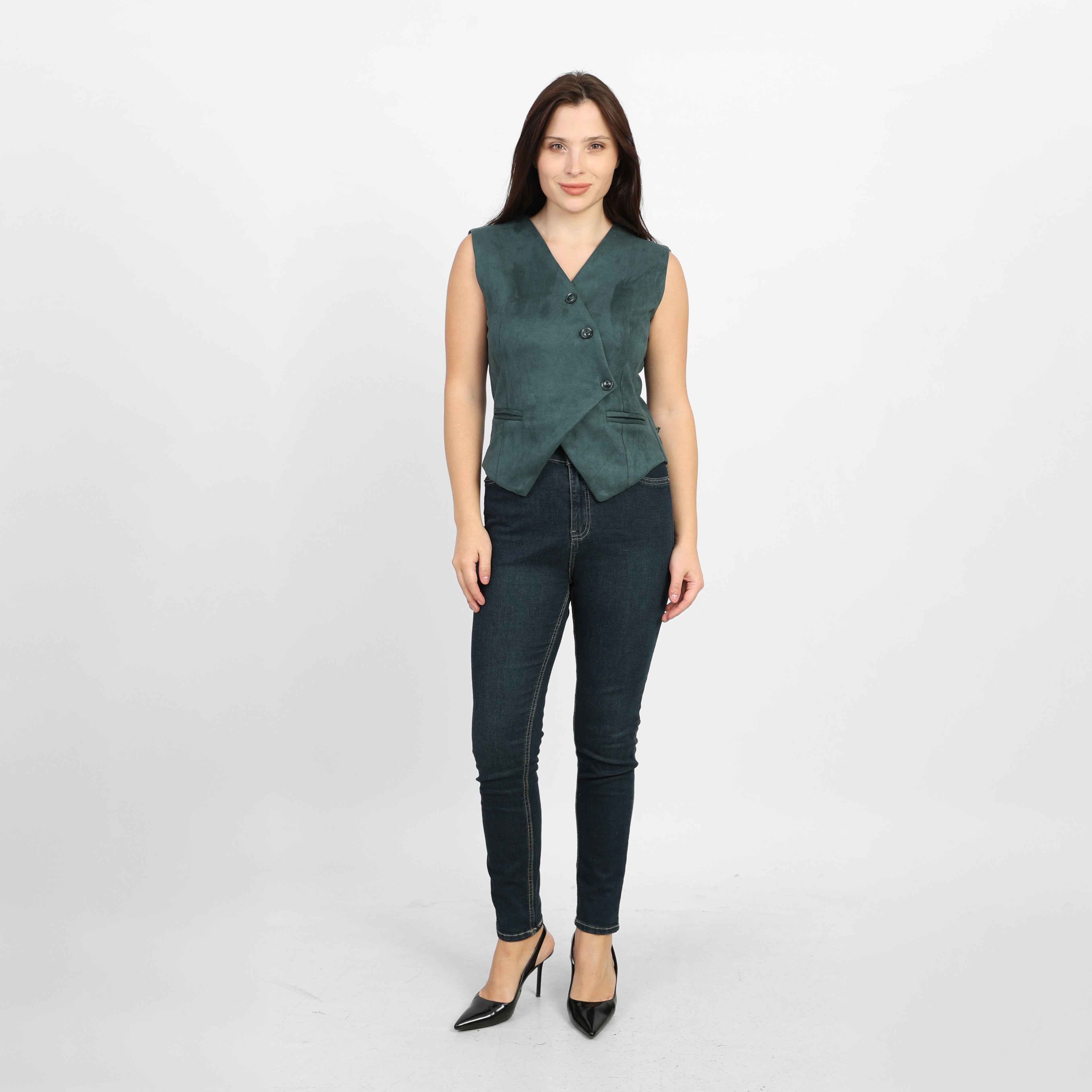 La Reine Teal Suede Classic V-Neck Vest