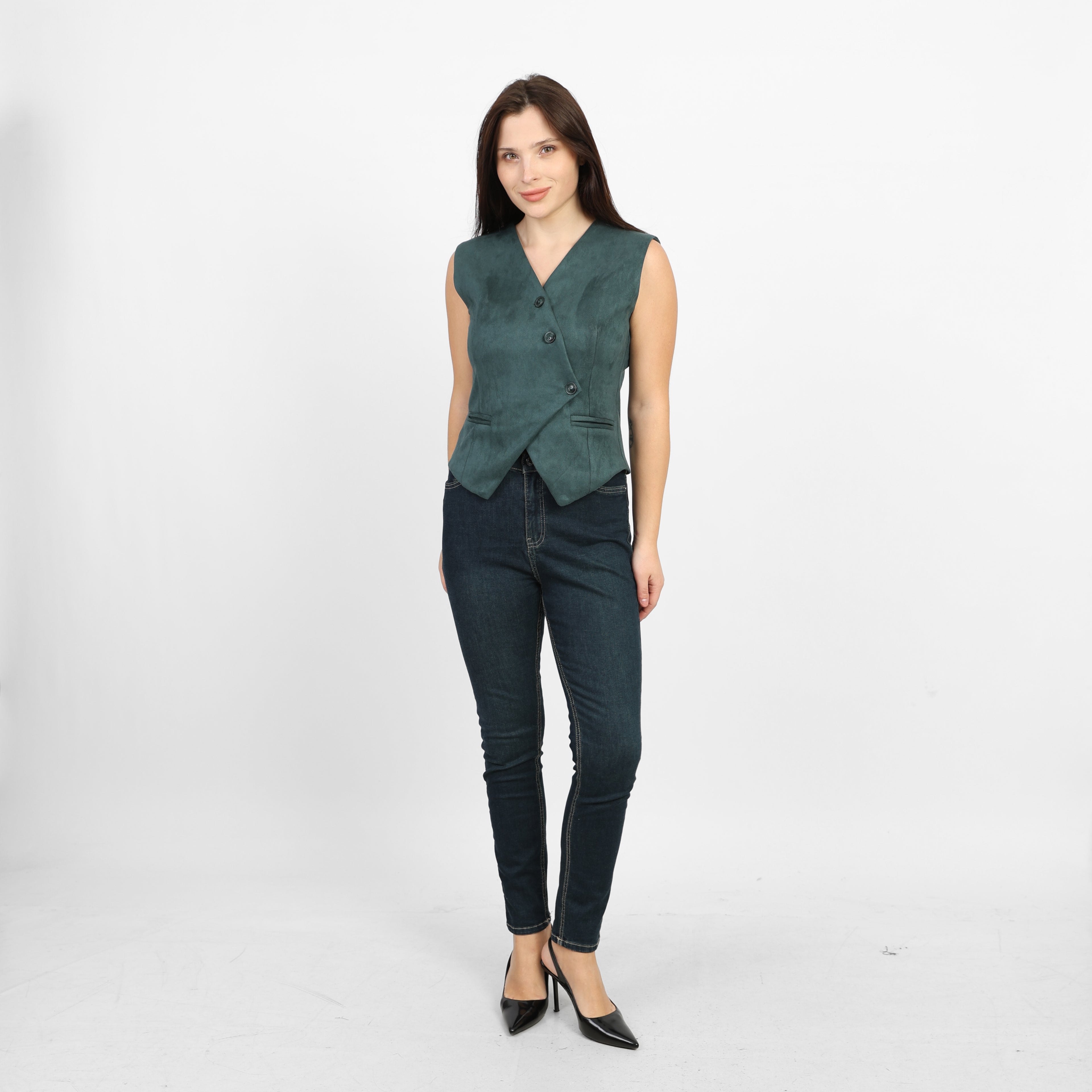 La Reine Teal Suede Classic V-Neck Vest