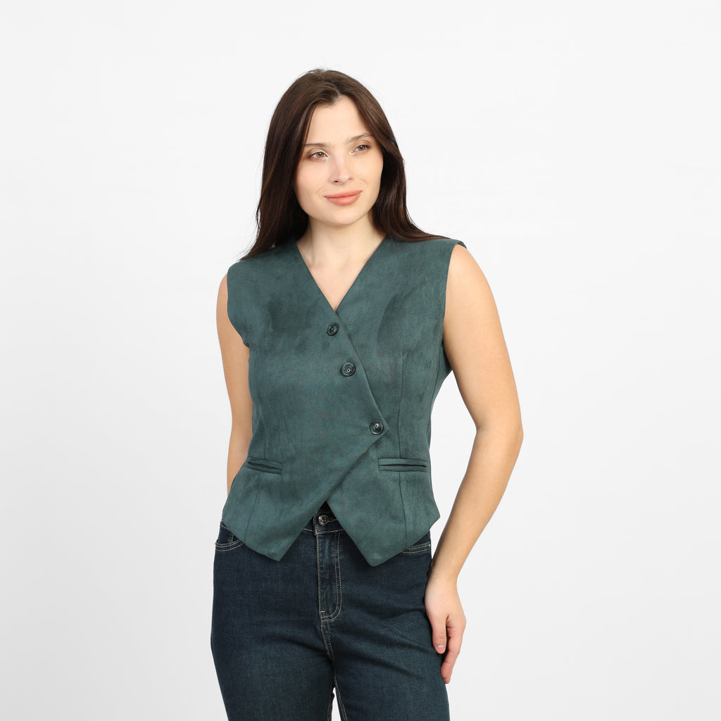 La Reine Teal Suede Classic V-Neck Vest