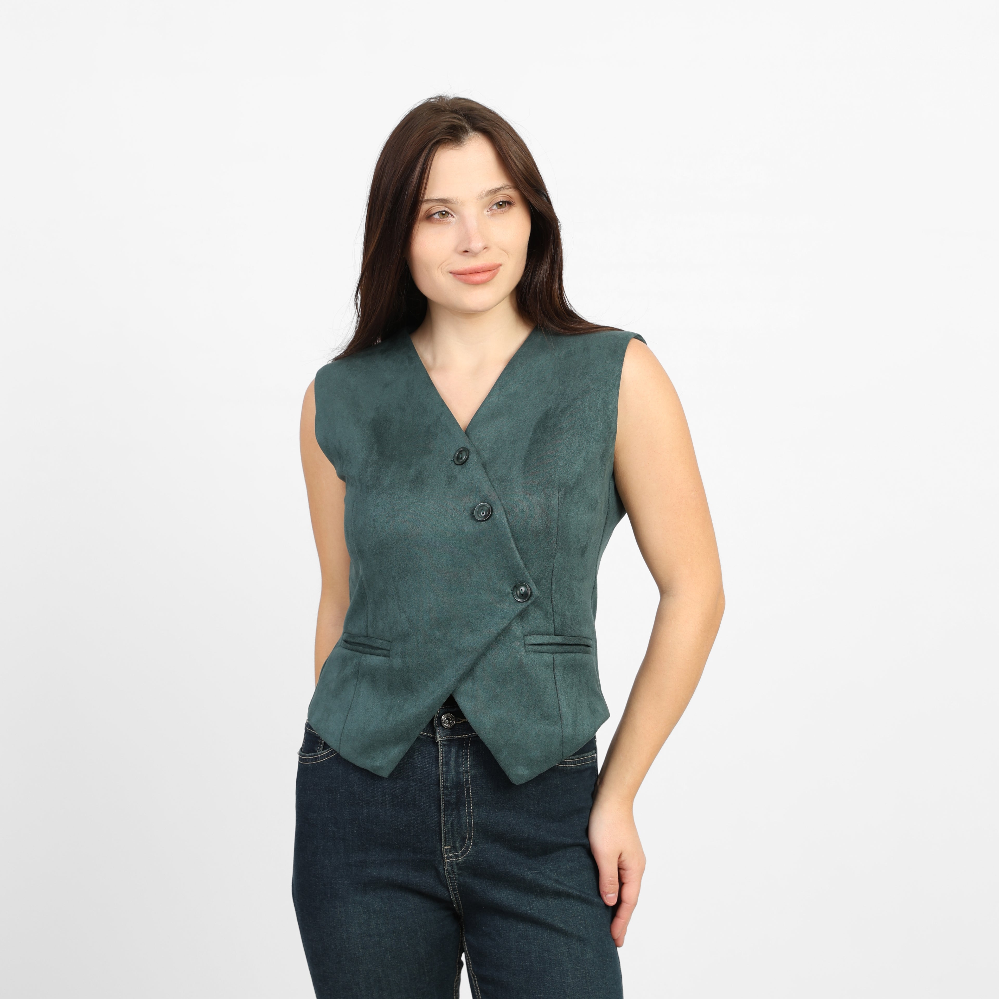 La Reine Teal Suede Classic V-Neck Vest