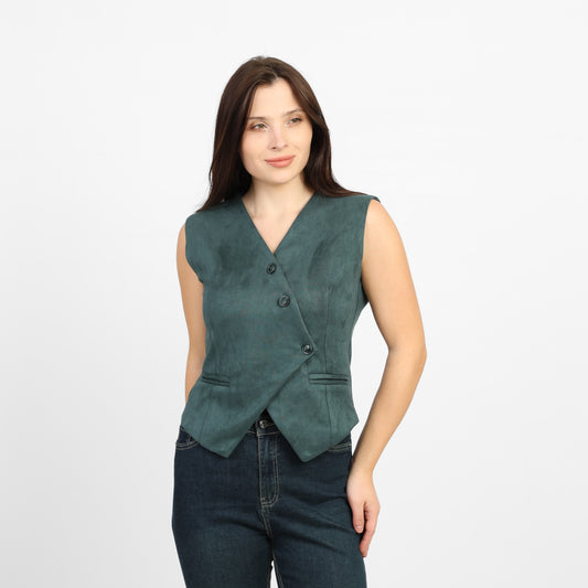 La Reine Teal Suede Classic V-Neck Vest