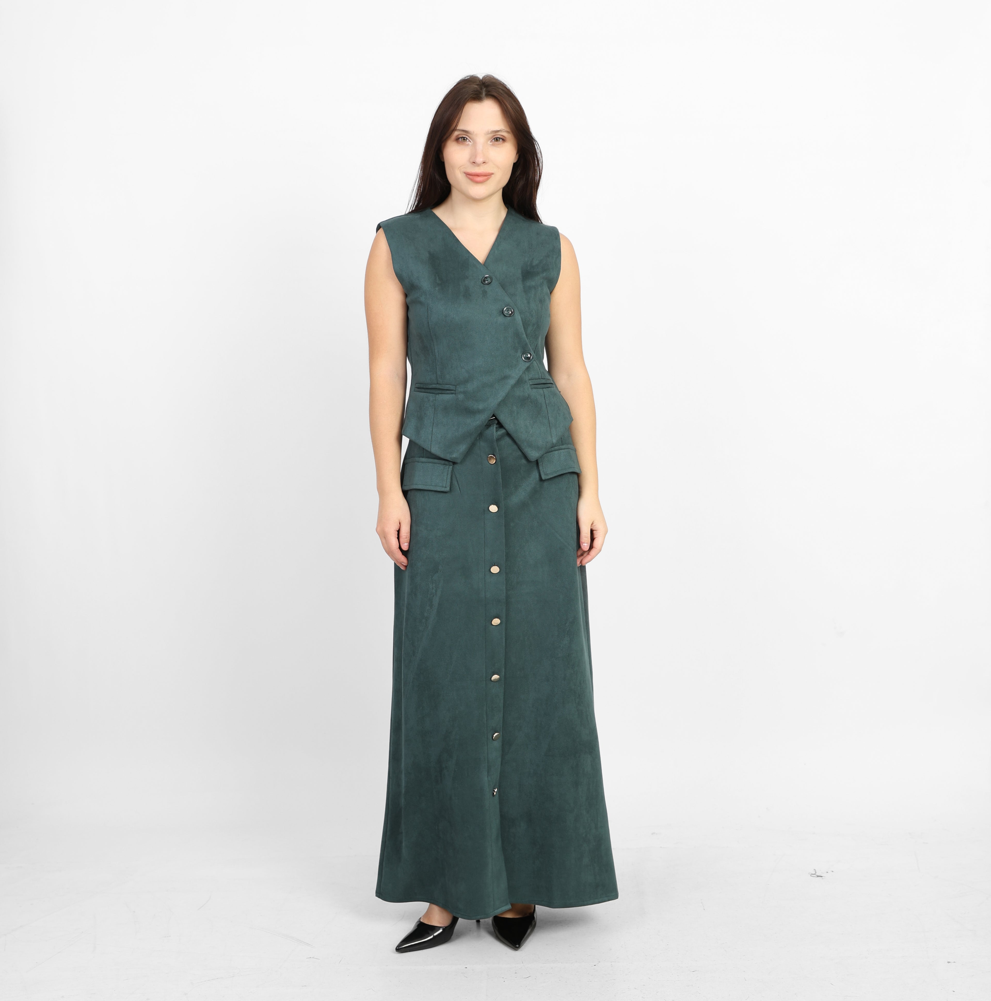 La Reine Teal Suede Classic V-Neck Vest