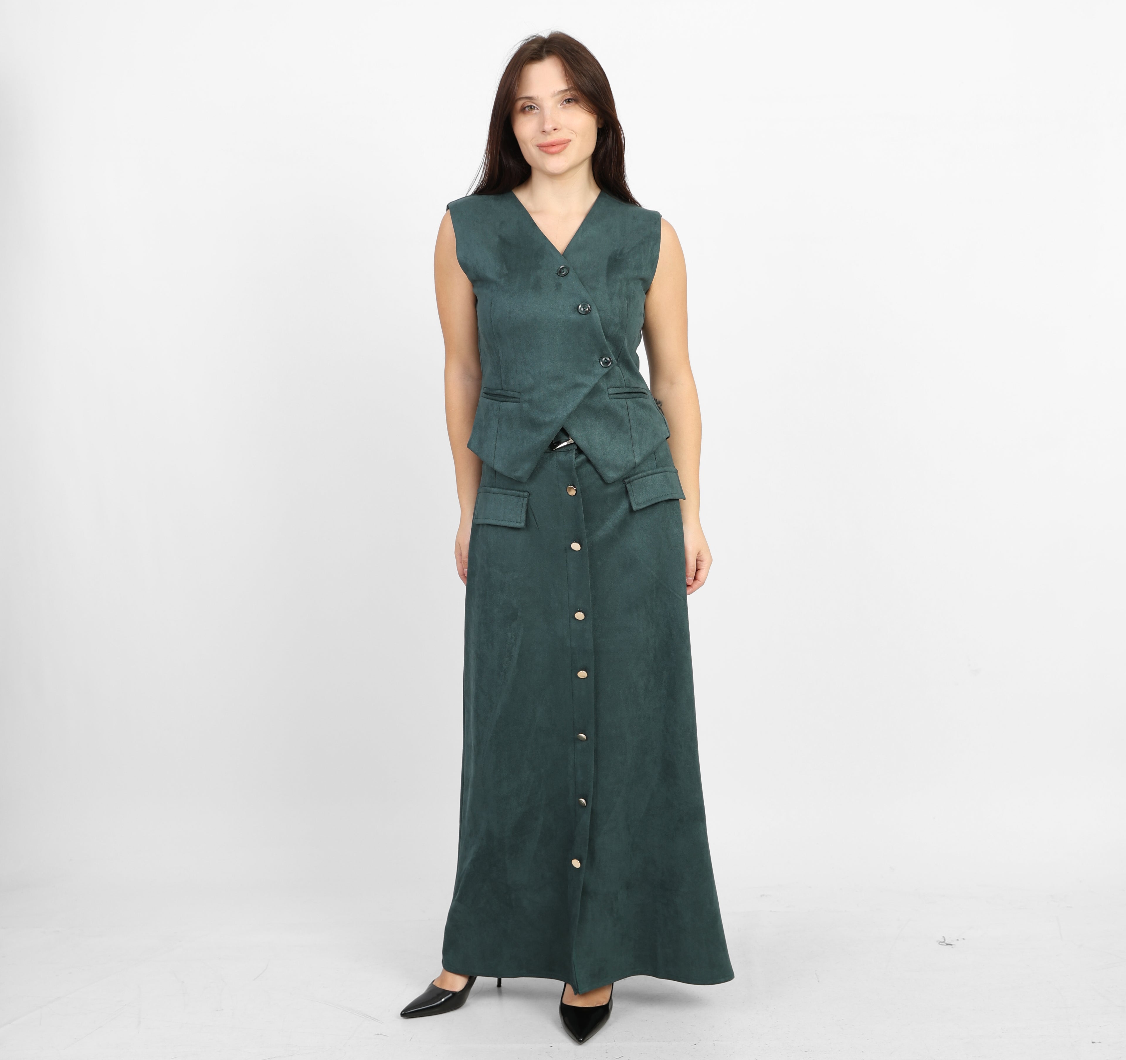 La Reine Teal Suede Classic V-Neck Vest