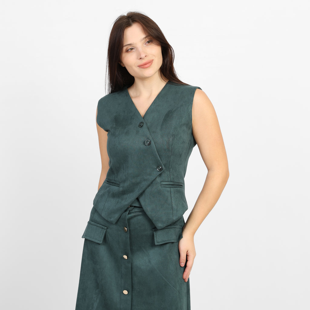 La Reine Teal Suede Classic V-Neck Vest