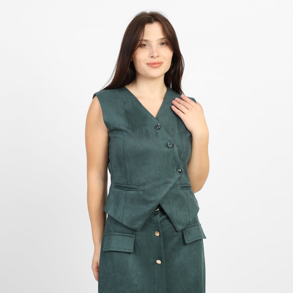 La Reine Teal Suede Classic V-Neck Vest
