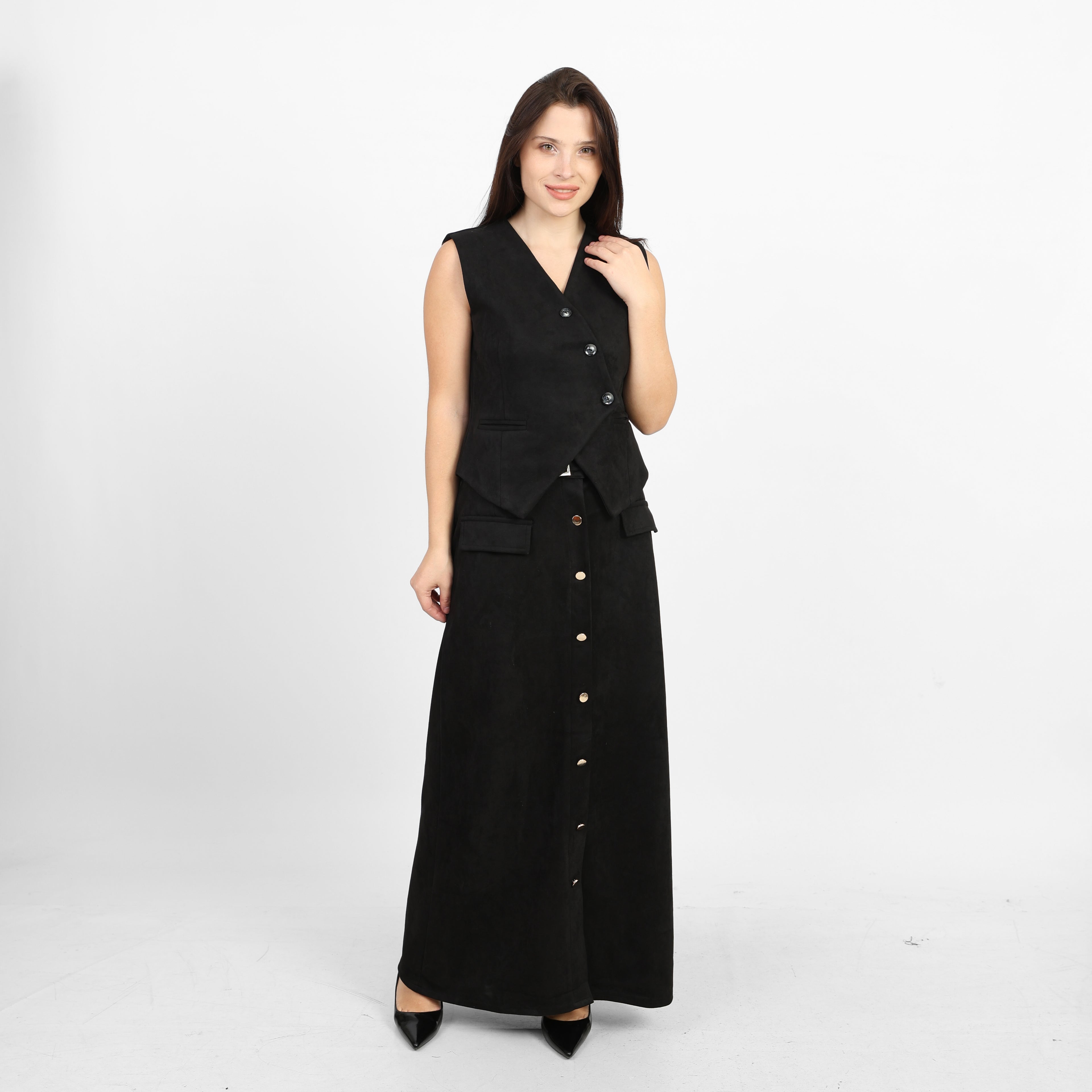 صدرية كلاسيكية من جلد الغزال الأسود من لا رين بياقة على شكل حرف V 