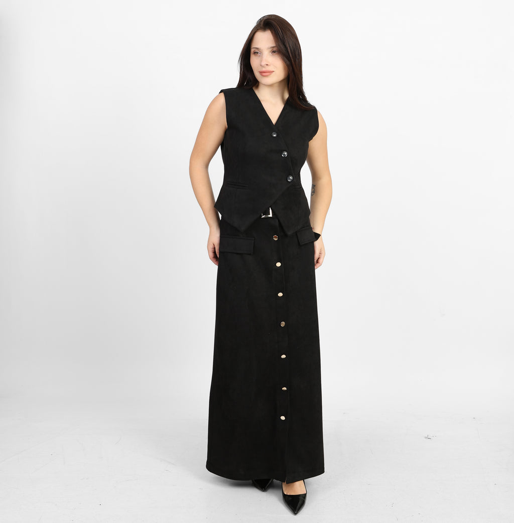 صدرية كلاسيكية من جلد الغزال الأسود من لا رين بياقة على شكل حرف V 