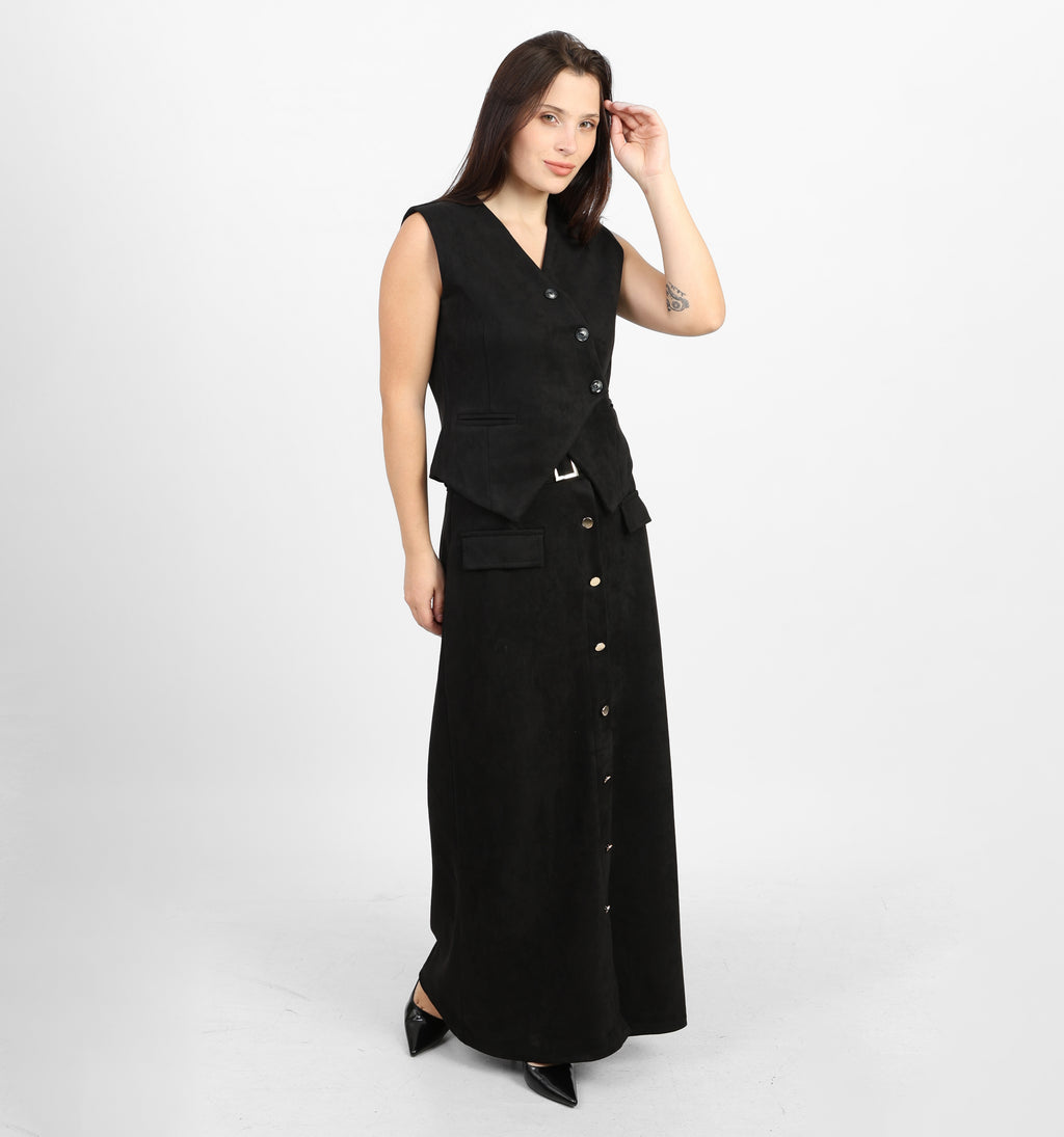 صدرية كلاسيكية من جلد الغزال الأسود من لا رين بياقة على شكل حرف V 